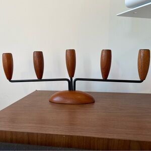 Vintage Mid-Century Modern Teak & Black Metal Five-Arm Candle Holder